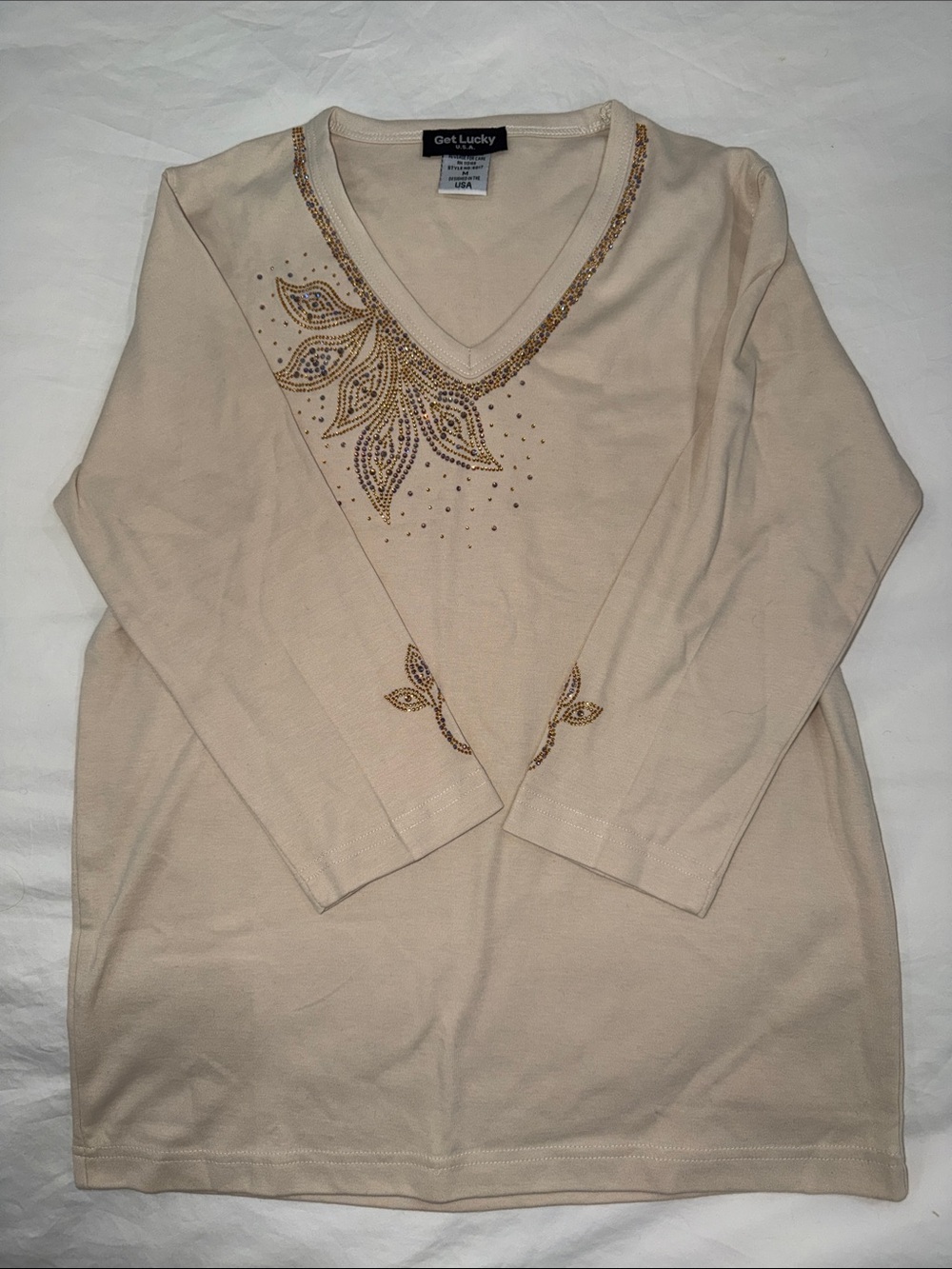 Women's Cream V-Neck Embellished Long Sleeve Top